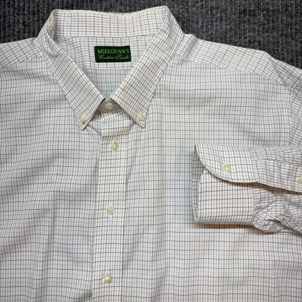 McElgunn's Custom Touch Shirt Mens 2XL 35 Made USA White Blue Check Button Down